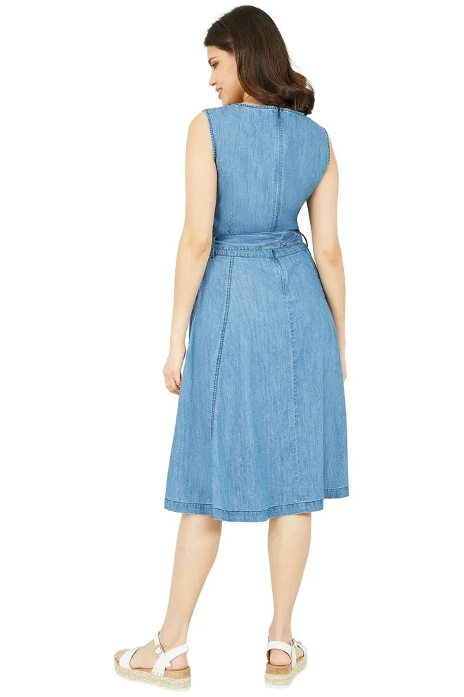 Yumi Blue Chambray Denim Midi Skater Dress